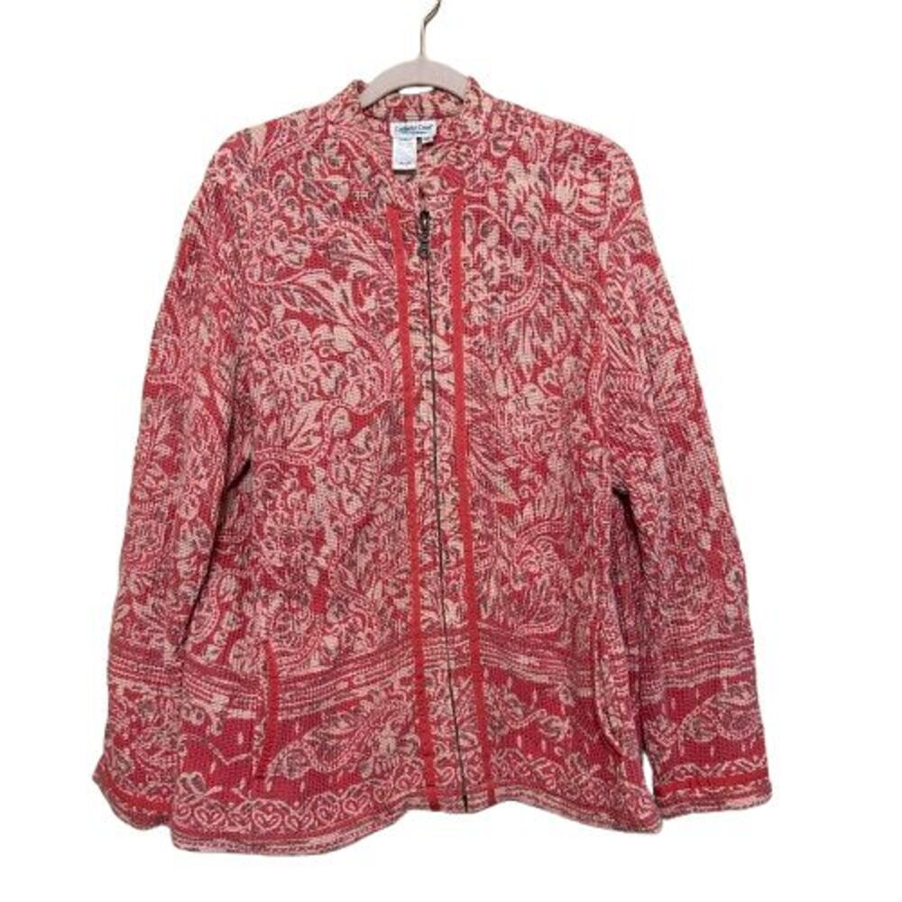 Coldwater Creek Textured Waffle Knit Jacket Womens 2X Pink Floral Paisley Boho
